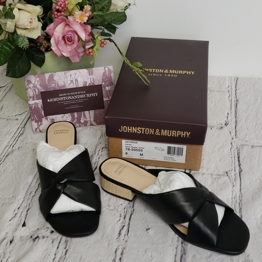 Johnston & Murphy Georgie Sandal Slide Black Leather  NIB 8